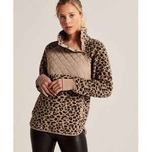 Abercrombie and Fitch Leopard Asymmetric Snap-Up Fleece Jacket A&F